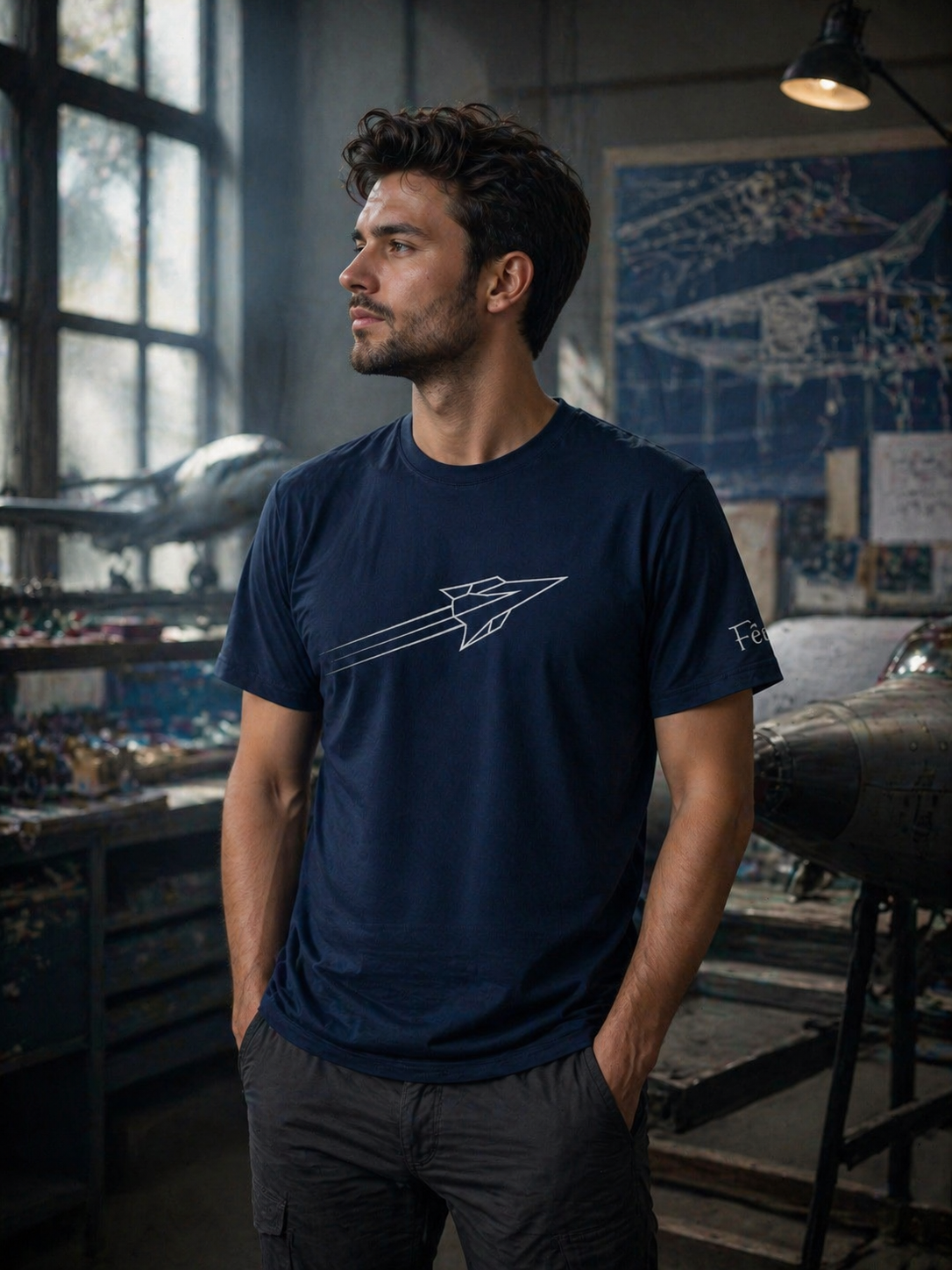 Geometrik Hız (Kağıt Uçak) Baskılı Lacivert Tişört