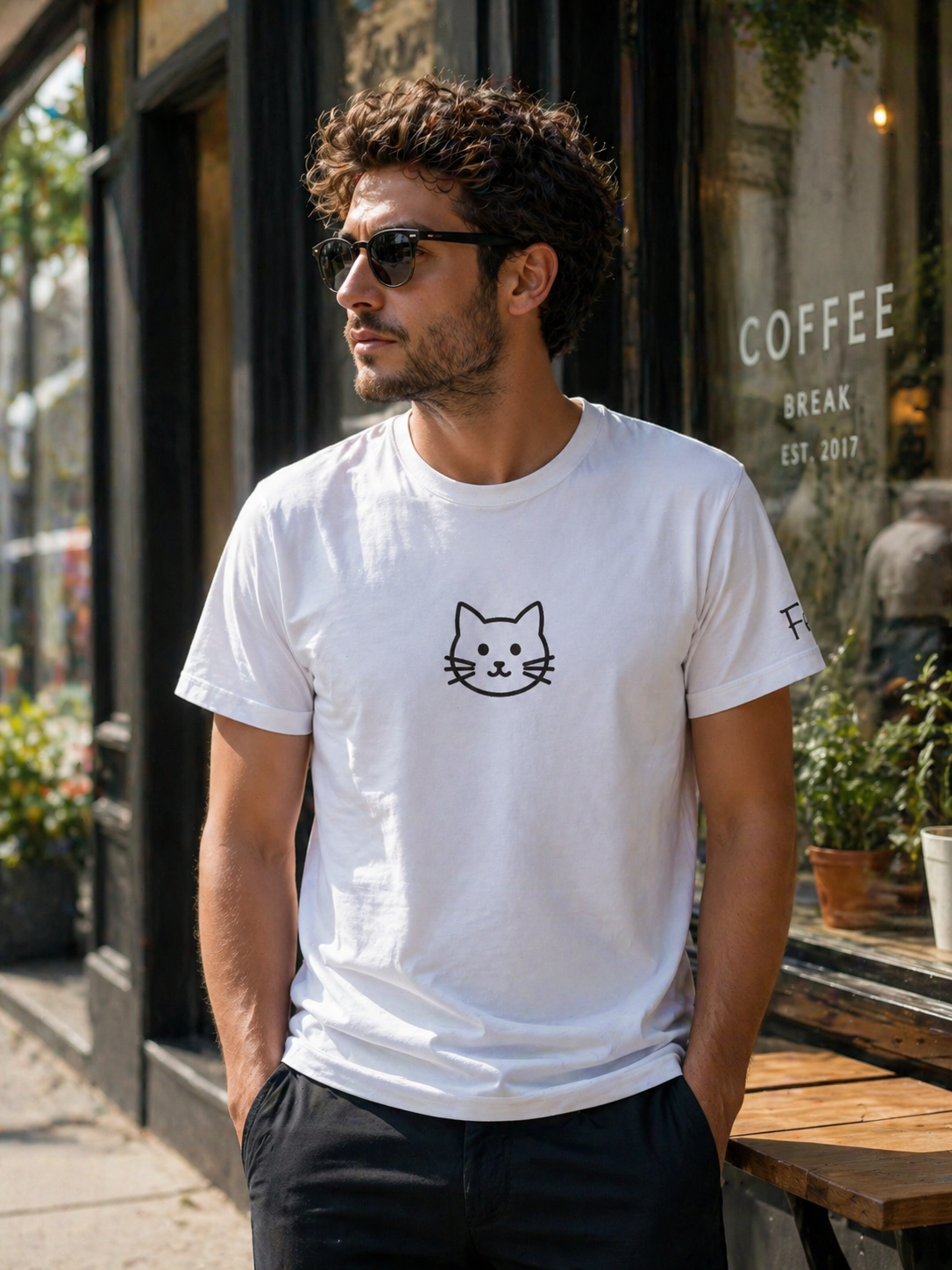 Minimalist Kedi Yüzü Baskılı Beyaz Tişört