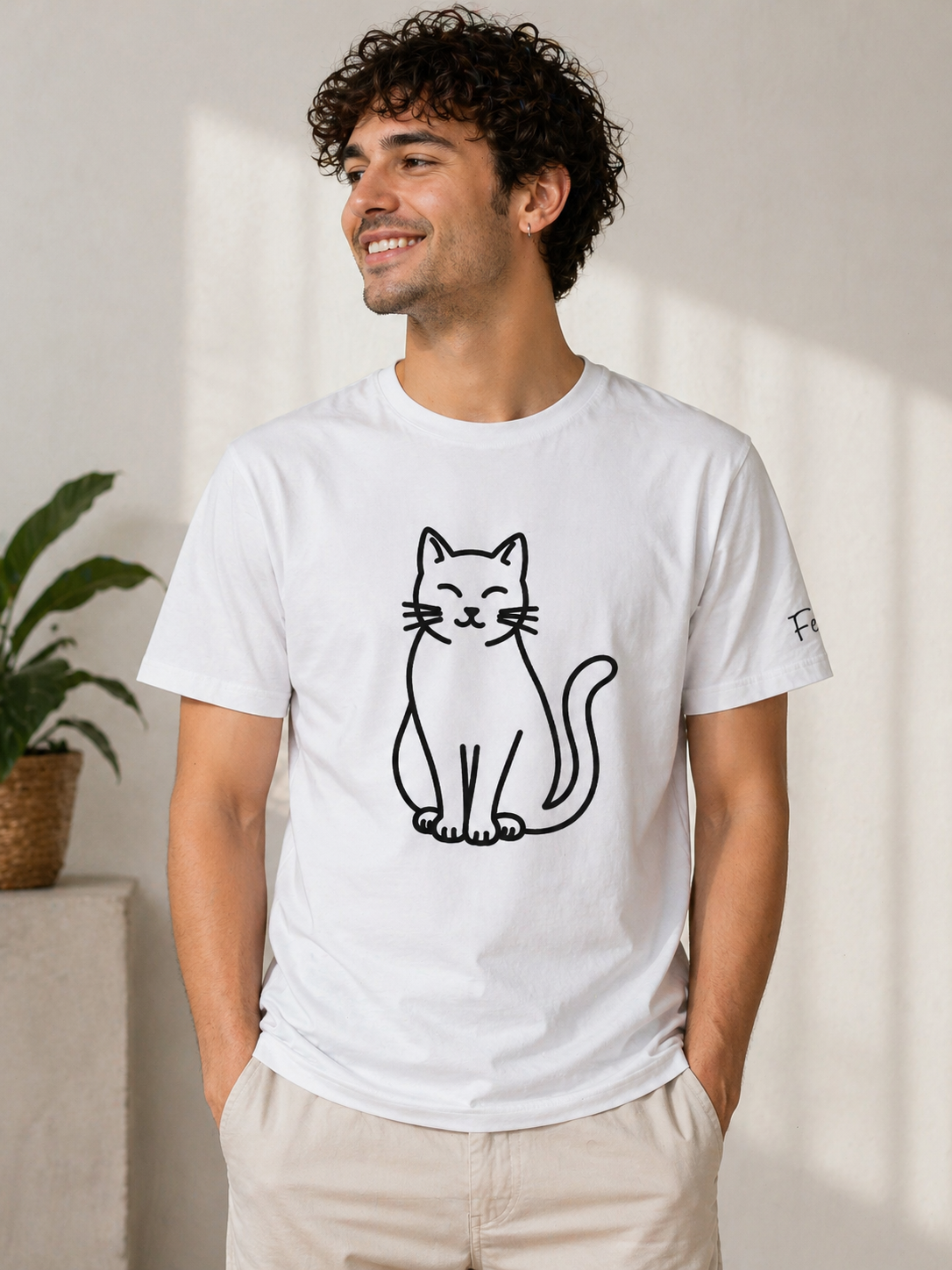 Minimalist Oturan Kedi Çizgili Tişört