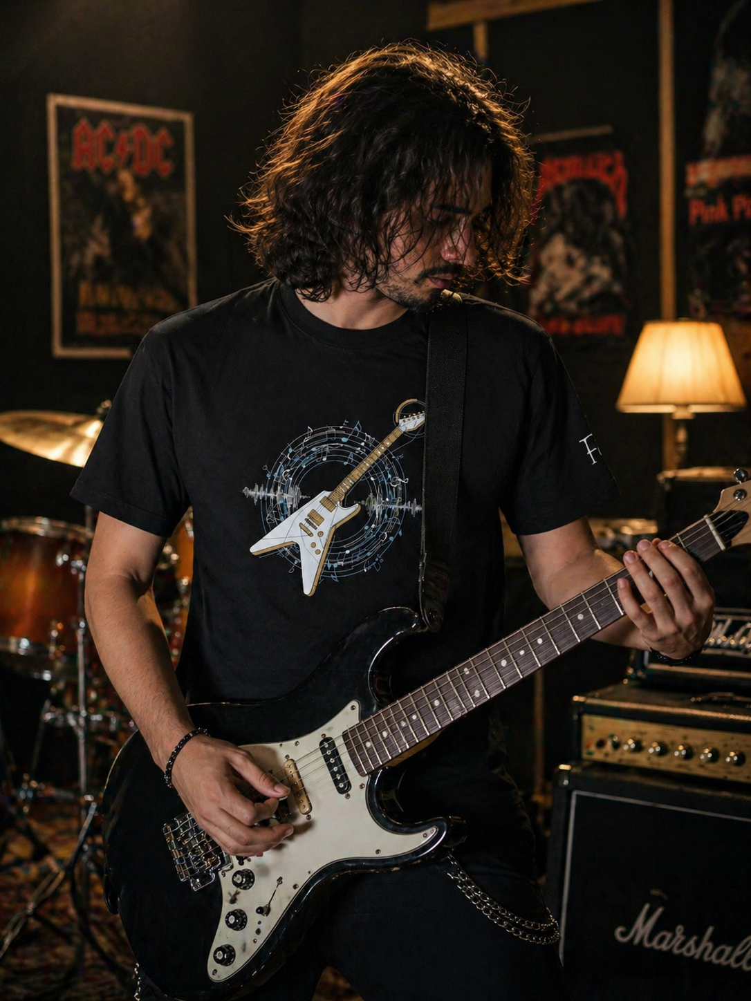 Ritim ve Gitar Temalı Siyah Tişört